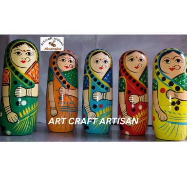 Wooden Indian Lady Doll 5-in-1 Set 6.75 Inch – Handcrafted Traditional Nesting Dolls