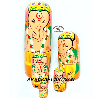 Wooden Ganesha Doll 5-in-1 Set 6.75 Inch – Handcrafted Nesting Ganesha Dolls for Home Décor & Gift