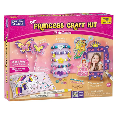 Imagimake Princess Craft Kit | 10 Mess-Free Activities | DIY Flat Bead Bracelets, Unicorn Pouch, Butterfly Wands & Photo Frame | 400+ Craft Supplies | Birthday Gift for Girls | Art Kit for Kids 6-12