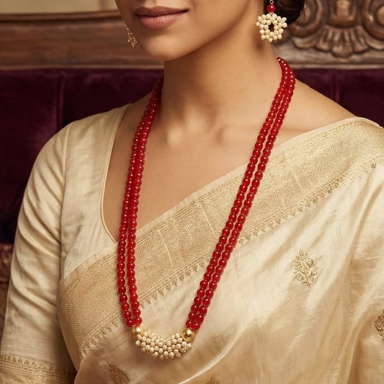 Ritu Collection Handmade Coral Red Stone Bead Necklace Set with Pearl Locket & Matching Earrings – Traditional Designer Jewelry