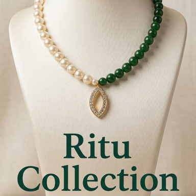 Pearl Necklace with Emerald Green & White Beads and AD Pendant – Elegant Designer Jewelry Set with Matching Earrings