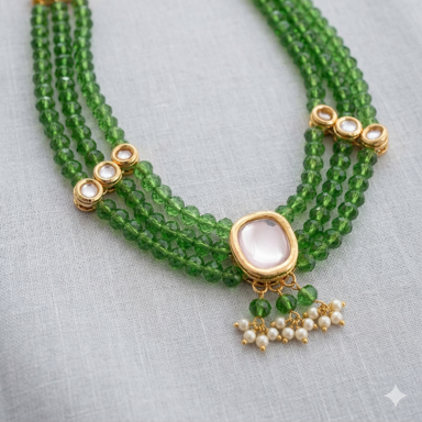 Emerald Green Multi-Layer Beaded Necklace with Kundan Style Pendant & Pearl Drops – Traditional Designer Jewelry Set