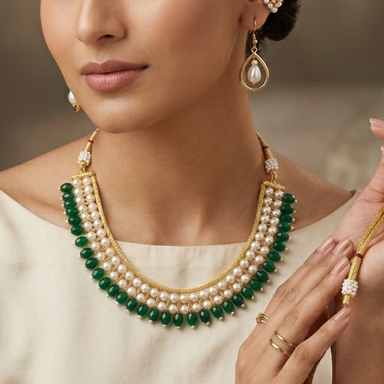 Green Beaded Pearl Necklace Set with Matching Earrings – Traditional Ethnic Jewelry for Weddings & Festive Wear
