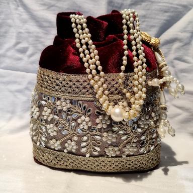 Maroon Velvet Potli Bag – Traditional Ethnic Handbag for Lehenga & Saree