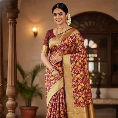 Vintage Maroon Banarasi Silk Saree with Multicolored Floral Print and Traditional Gold Zari Border- Zaiba Sarees