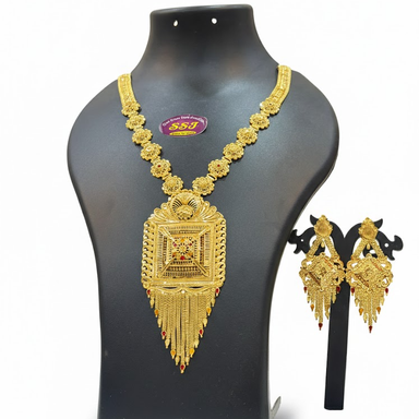 Traditional Gold-Plated Long Necklace Set with Matching  Ear Set – Temple Style Bridal Imitation Jewelry for Women