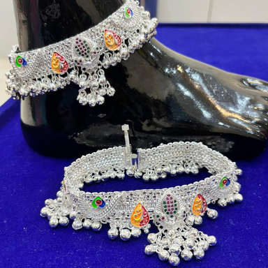 Traditional Silver-Plated Bridal Payal with Meenakari Work and Ghungroo – Heavy Ethnic Anklet Set for Women and Brides