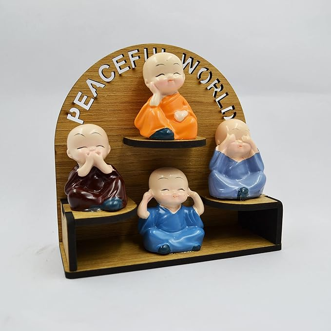 Umi Resin Buddha Monk on Wooden Base Statue | Home Decor Items Figurines Showpiece | Good Luck Sculpture Cute Mini Baby Buddha Statue for Table Top Decoration, Car Dashboard