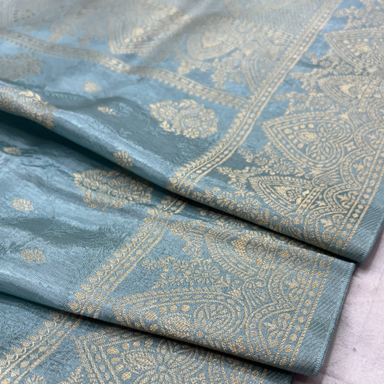 Pure Russian Silk Banarasi Saree With Floral Boota Work in Cyan Colour
