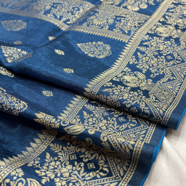 Pure Russian Silk Banarasi Saree With Floral Boota Work in German Blue
