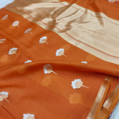Pure Kora Handwoven Banarasi Saree With Floral Motifs in Orange HUE