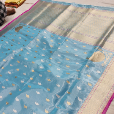 Sky Blue Pure Tissue Silk Handloom Banarasi Saree — All Over Kadhua Motifs With Konya