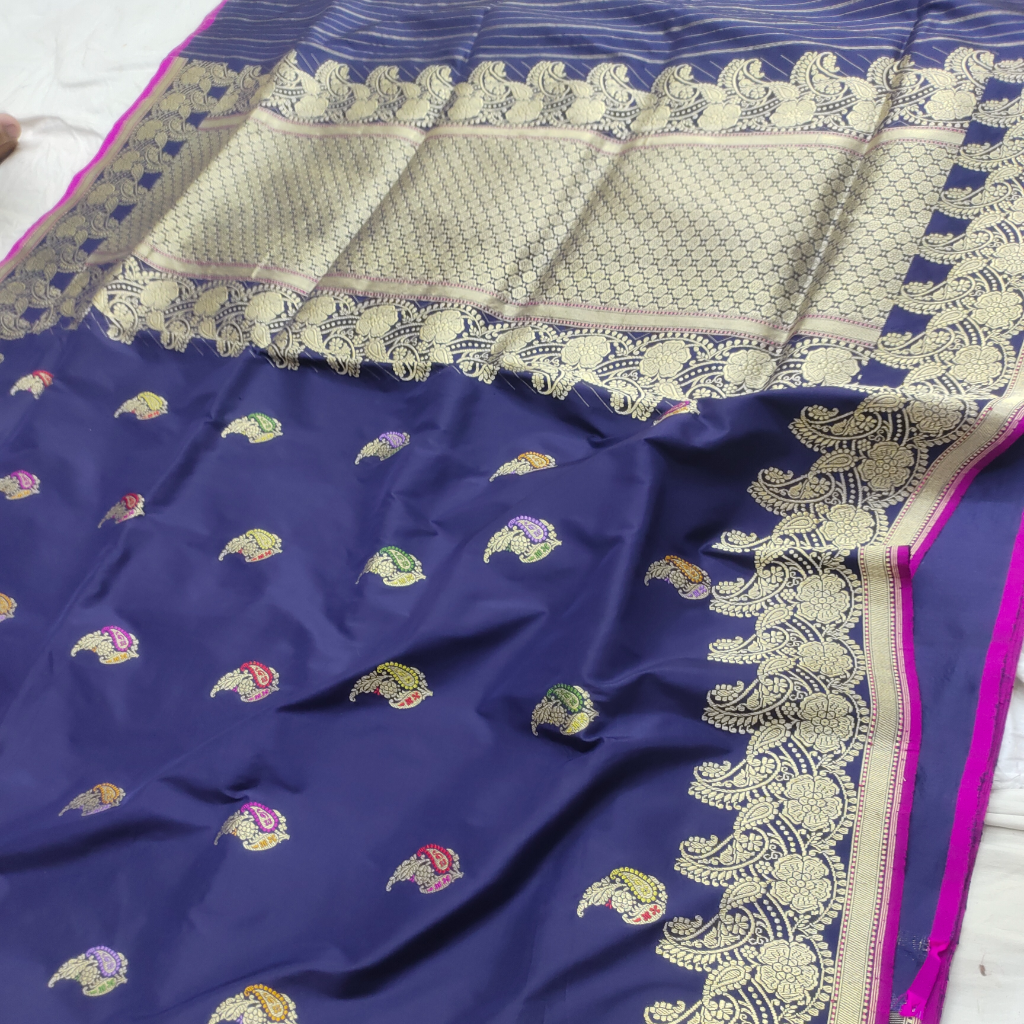 Navy Blue Pure Katan Silk Handloom Banarasi Saree – All Over Meenakari Kadhua Motifs