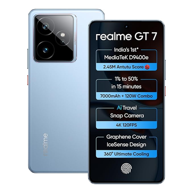 realme GT 7 (IceSense Blue,8GB+256GB) | India's 1st MediaTek Dimensity 9400e Chipset | Strongest Battery Combo 7000mAh + 120W | AI 4K 120FPS Travel Camera | 360° Cooling IceSense Design with Graphene