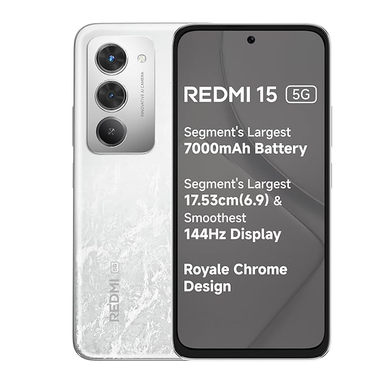 Redmi 15 5G Frosted White 6GB + 128GB | Segment's Largest 7000mAhA Battery | Segment's Largest Display 17.53cm(6.9) Up to 144Hz | Snapdragon 6s Gen 3 | 18W Reverse Charging | 50MP AI Dual Camera Visit the Redmi Store