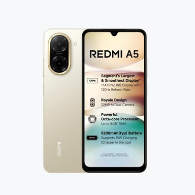 Redmi A5 (Jaisalmer Gold, 3GB RAM 64GB Storage) | Royale Design | Segment's Largest 17.47cm(6.88) and Smoothest 120Hz Display) | TUV Rhineland Triple Eye Protection Certified | 5200mAh Large Battery | Supports expandable storage: up to 2TB