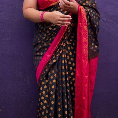 The "Albis" Collection: Black & Hot Pink Raw Silk Saree