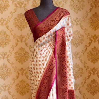 The "Albis" Collection: Ivory & Deep Magenta Raw Silk Saree