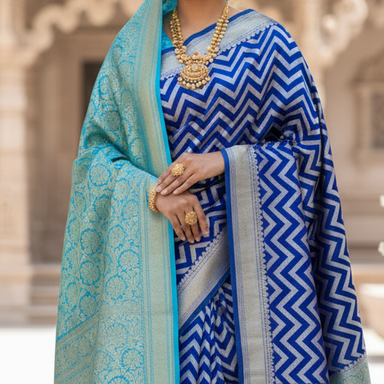 Exquisite Royal Blue & Aqua Semi-Katan Georgette Silk Banarasi Saree