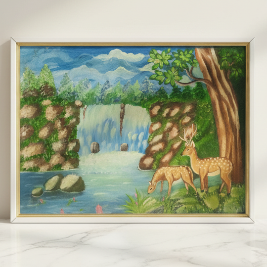 Wall Painting: Serene Waterfall and Deer Wall Painting