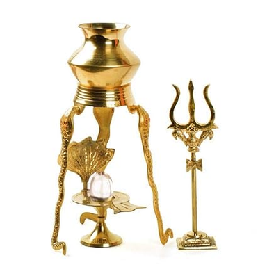 SHIVARATNA Brass Jalhari Yoni Set with Sphatik Shivling and Trishul Decorative Showpiece (25cm, Gold)